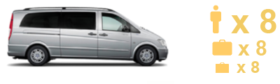 A silver eight-seat van, side view.