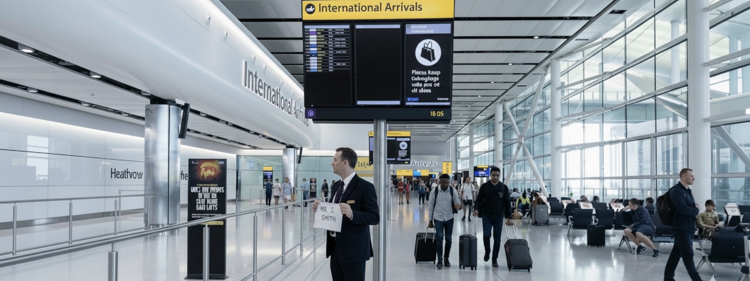 An Executive Airports chauffeur waiting at airport arrivals with a name board.